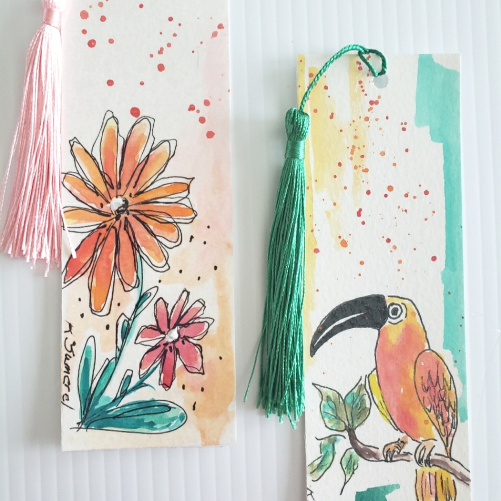 Handmade Floral and Bird Watercolor Bookmarks with Tassels